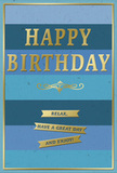 The scene shows a tastefully designed birthday card that marries tranquil blues with shimmering gold, creating an atmosphere of relaxed celebration like a peaceful stroll through Crayford town centre. The front of the card is composed of broad horizontal stripes, each stripe a slightly different hue of blue, moving smoothly from a deep, dark navy at the top into softer mid-blues, then into gentle, pale sky tones towards the bottom. This layered colour effect brings a sense of depth and quiet movement, reminiscent of soft clouds drifting above the River Cray. Centred on this backdrop, the phrase HAPPY BIRTHDAY is printed in bold, capital letters and embossed in metallic gold. The letters have a refined sheen, catching light with a subtle glimmer that adds festivity without overpowering the calm palette. Just beneath the main words, a delicate golden flourish forms a graceful curve, separating the headline greeting from the more casual sentiment below. In the lower area of the card, three slim golden banners are neatly stacked one above the other, each ribbon bearing part of a warm, friendly message: Relax, have a great day and enjoy! The gold elements are slightly raised, offering gentle texture, while the blue bands remain smooth and matte, like quality card stock from a favourite Crayford shop. A fine gold border outlines the entire design, giving it a framed, finished look. In soft, even lighting, this card feels like the perfect companion to a hand-delivered bouquet for a birthday in Crayford, capturing both sincere wishes and a sense of calm, unhurried joy.